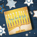 Yellow Hanukkah Menorah Peace Love Light Modern Stone Coaster<br><div class="desc">“Peace, love & light.” A close-up photo of a bright, colourful, yellow and gold artsy menorah helps you usher in the holiday of Hanukkah in style. Feel the warmth and joy of the holiday season whenever you relax with your favourite beverage on this stunning, colourful Hanukkah stone coaster. Makes a...</div>