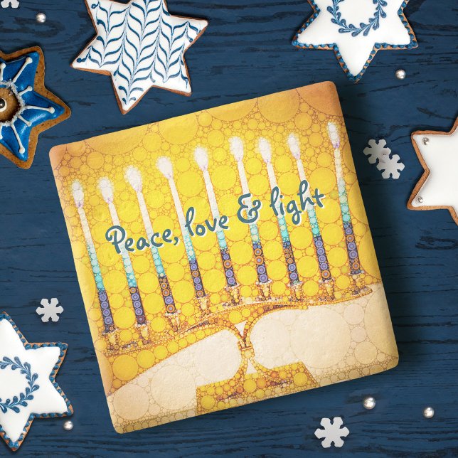 Yellow Hanukkah Menorah Peace Love Light Modern Stone Coaster (Creator Uploaded)