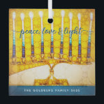 Yellow Hanukkah Menorah Peace Love Light Script  Glass Ornament<br><div class="desc">“Peace, love & light.” A close-up digital photo illustration of a bright, colourful, yellow and gold artsy menorah, with your personalized name, helps you usher in the holiday of Hanukkah in style. Feel the warmth and joy of the holiday season whenever you hang up this stunning, colourful Hanukkah custom keepsake...</div>