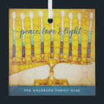 Yellow Hanukkah Menorah Peace Love Light Script  Glass Ornament<br><div class="desc">“Peace, love & light.” A close-up digital photo illustration of a bright, colourful, yellow and gold artsy menorah, with your personalized name, helps you usher in the holiday of Hanukkah in style. Feel the warmth and joy of the holiday season whenever you hang up this stunning, colourful Hanukkah custom keepsake...</div>