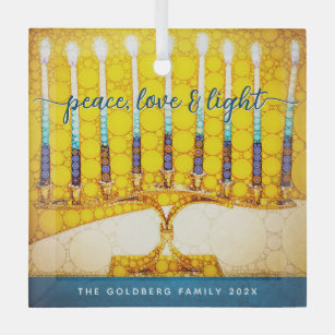 Yellow Hanukkah Menorah Peace Love Light Script  Glass Ornament