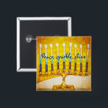 Yellow Hanukkah Menorah Peace Sparkle Shine Script 2 Inch Square Button<br><div class="desc">“Peace, sparkle, shine.” A close-up photo of a bright, colorful, yellow and gold artsy menorah helps you usher in the holiday of Hanukkah in style. Feel the warmth and joy of the holiday season whenever you wear this chic, colorful Hanukkah button. Matching cards, postage, stickers, pillows, housewares, totebags, and other...</div>