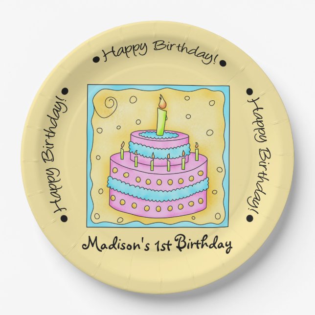 Yellow Happy 1st Birthday Cake Name Personalized Paper Plate (Front)