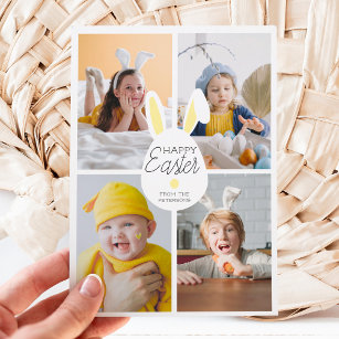 Yellow happy Easter ears eggs 4 photos collage Holiday Card