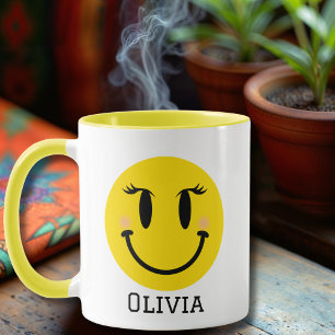 Yellow Happy Girly Face, Fun Personalized Mug