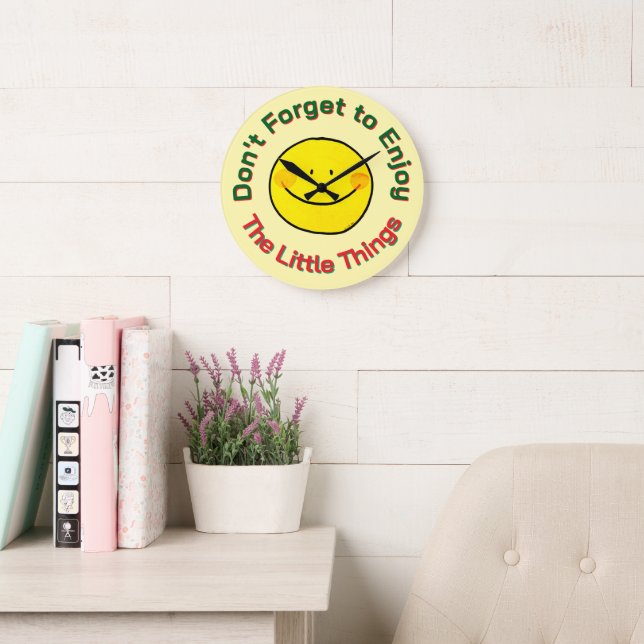Yellow Happy Smiley Face Enjoy The Little Things Large Clock (Reading Room)