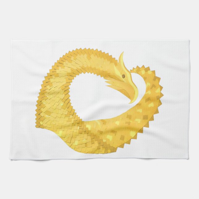Yellow heart dragon on white kitchen towel (Horizontal)