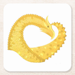 Yellow heart dragon on white square paper coaster