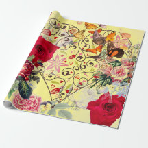 YELLOW HEART VALENTINE WITH FLOWERS WRAPPING PAPER