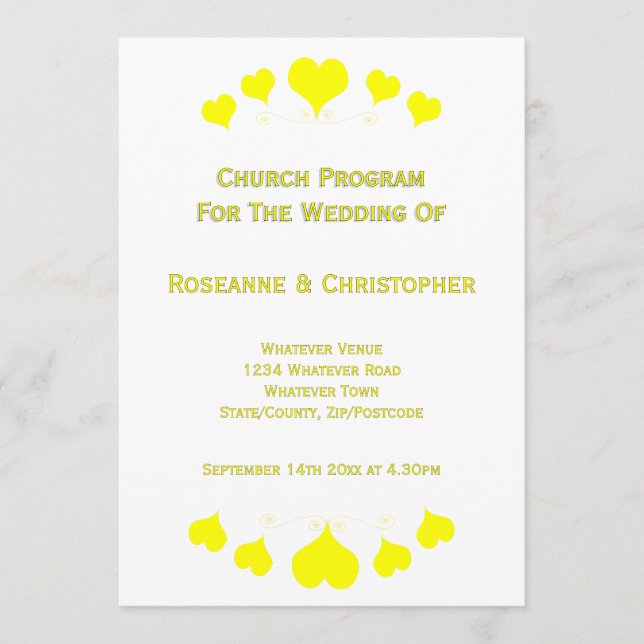 Yellow Hearts Design Wedding Program (Front)