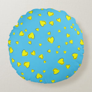 Yellow Hearts on Blue Round Pillow