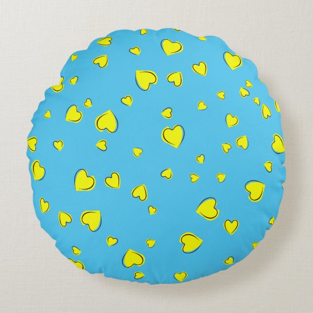 Yellow Hearts on Blue Round Pillow (Front)