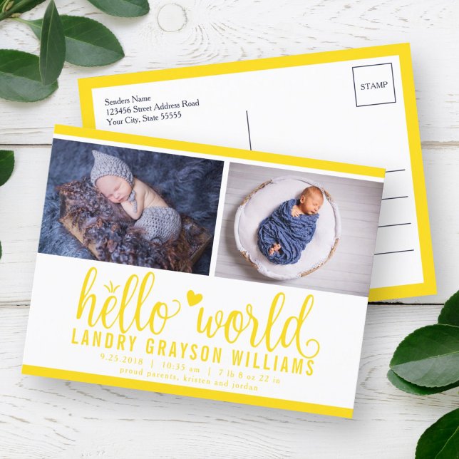 Yellow Hello World Photo Birth Stat Announcement Postcard (Creator Uploaded)
