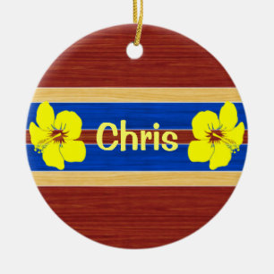 Yellow Hibiscus Fake Wood Surfboard Ceramic Ornament