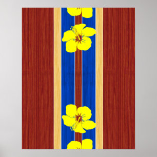 Yellow Hibiscus Fake Wood Surfboard Poster