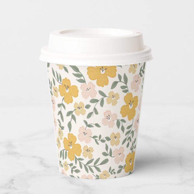 Yellow Hibiscus flower hand drawn Paper Cups (Front)