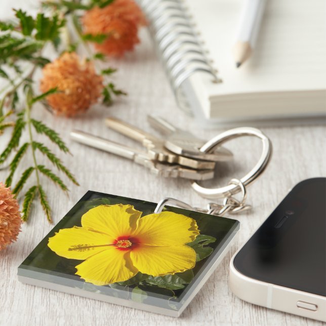 Yellow Hibiscus Flower Photo Keychain (Front Right)