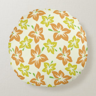 Yellow Hibiscus, Orange Hibiscus, Floral Pattern Round Pillow