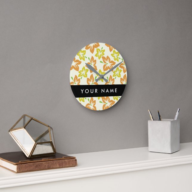 Yellow Hibiscus, Orange Hibiscus, Your Name Round Clock (Office)