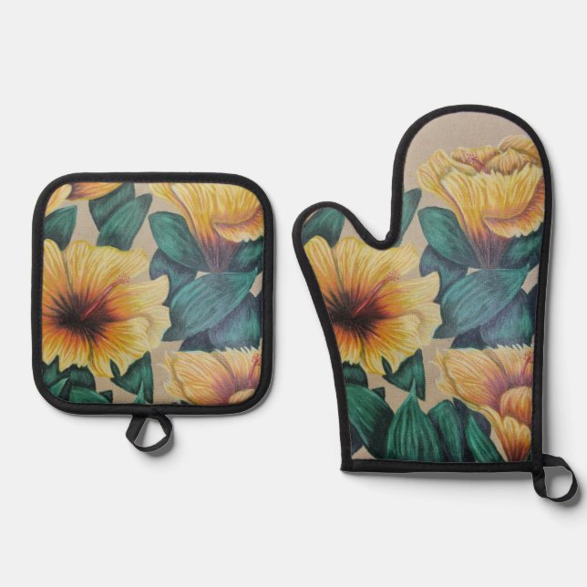 Yellow hibiscus oven mitt set (Front)