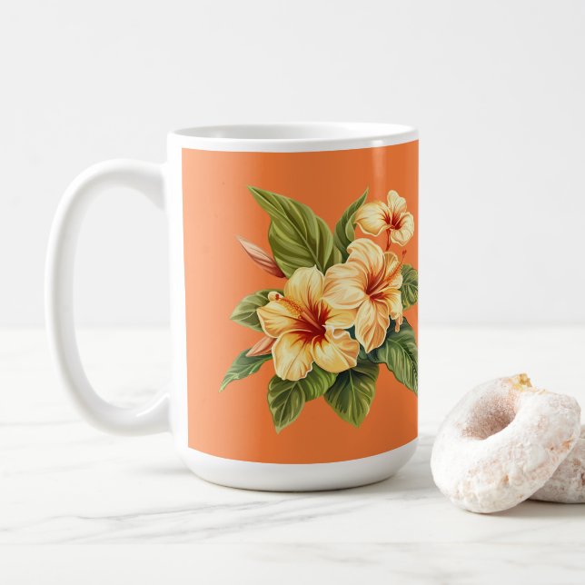 Yellow Hibiscus Pattern on Orange Coffee Mug (With Donut)