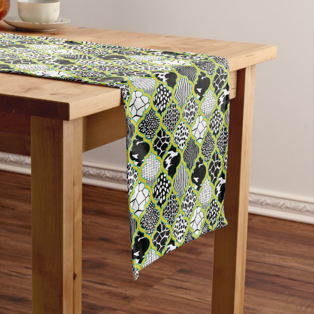 Yellow Hollywood Regency Moroccan Animal Print Short Table Runner (In Situ)