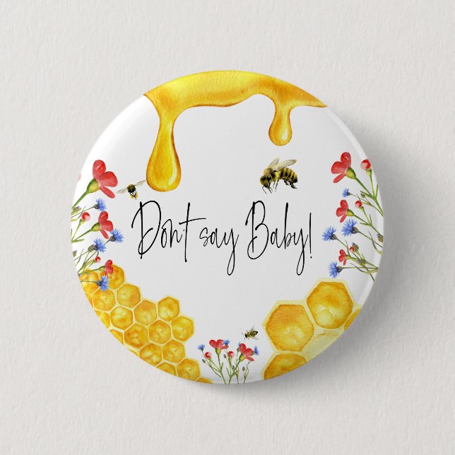 Yellow Honey Bee Floral Don't Say Baby Shower Game 2 Inch Round Button (Front)