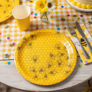 Yellow Honey Bee & Honeycomb Paper Plates