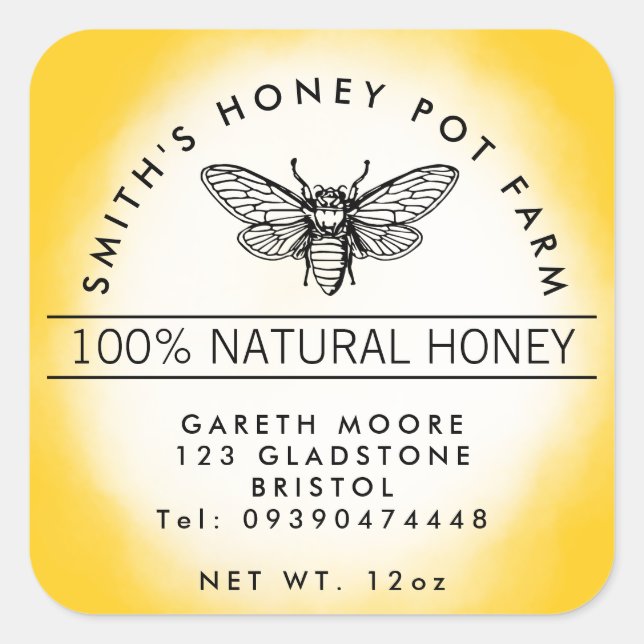 Yellow honey bee jar square sticker (Front)