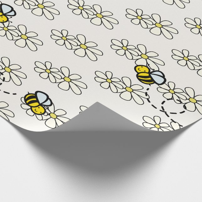 Yellow Honey Bee & White Daisy Pattern Cream Wrapping Paper (Corner)
