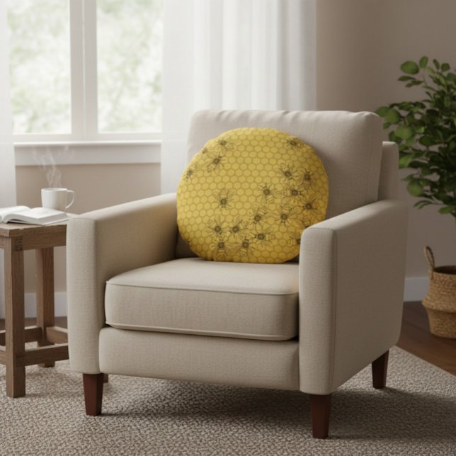 Yellow Honey Bees & Honeycombs Round Pillow (Creator Uploaded)