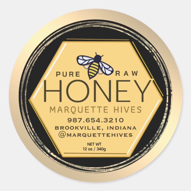 Yellow Honey Hexagon Label Bees Grunge Gold Border (Front)