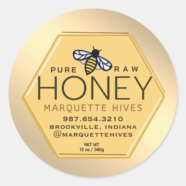 Yellow Honey Hexagon Label Bees Honeycomb Gold  (Front)
