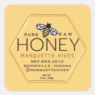 Yellow Honey Hexagon Label with Bees and Honeycomb