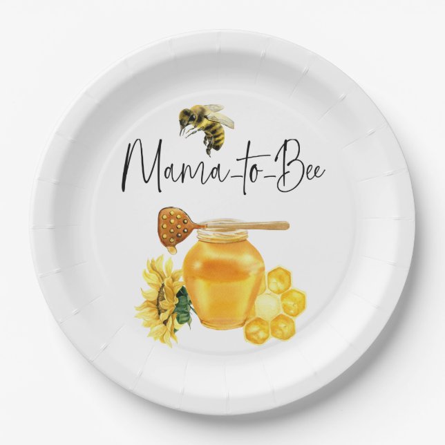 Yellow Honey Watercolor Sunflower Bee Baby Shower Paper Plate (Front)