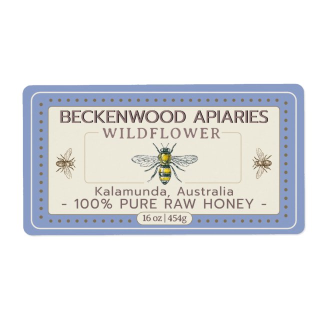 Yellow Honeybee Honey Label Apiary Blue Border (Front)