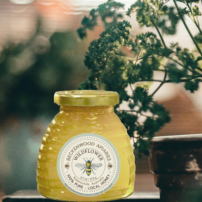 Yellow Honeybee Honey Label Beekeeper Blue Border (Creator Uploaded)