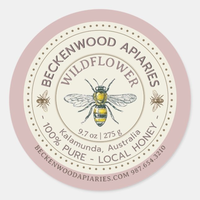 Yellow Honeybee Honey Label Beekeeper Rose Border (Front)