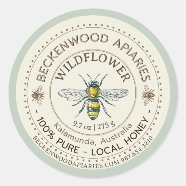Yellow Honeybee Honey Label Beekeeper Sage Border (Front)