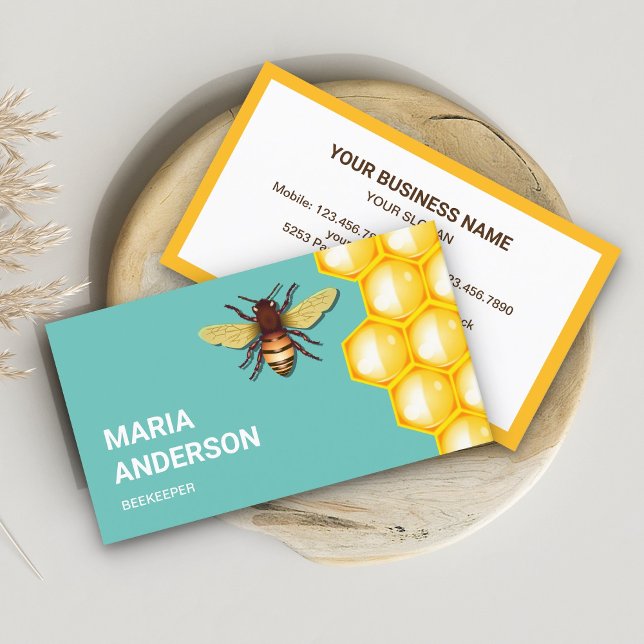 Yellow Honeycomb Beehive Honey Bee Beekeeper Teal  Business Card (Creator Uploaded)