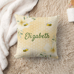 Yellow honeycomb bees flowers name fun throw pillow