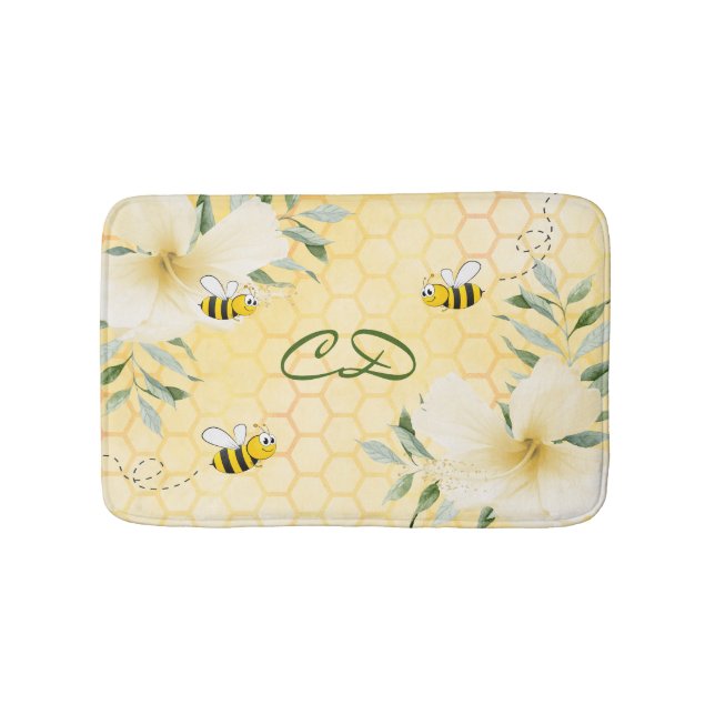 Yellow honeycomb flowers bees monogram bath mat (Front)