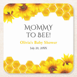Yellow Honeycomb Mommy to Bee Baby Shower Square Paper Coaster