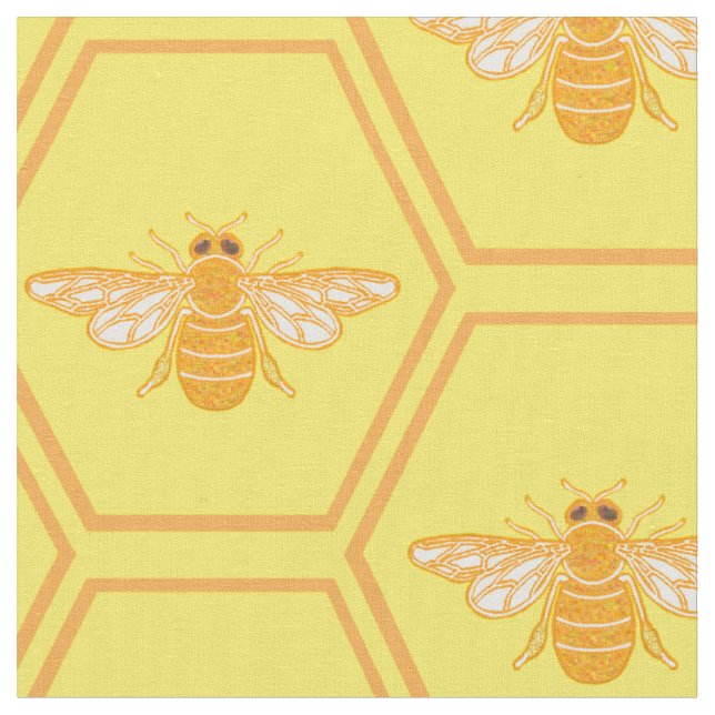 Yellow honeycomb with honey bees fabric (Close Up)