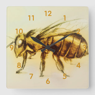 Yellow Hornet Bee Square Clock, Realistic Sketch Wall Clock