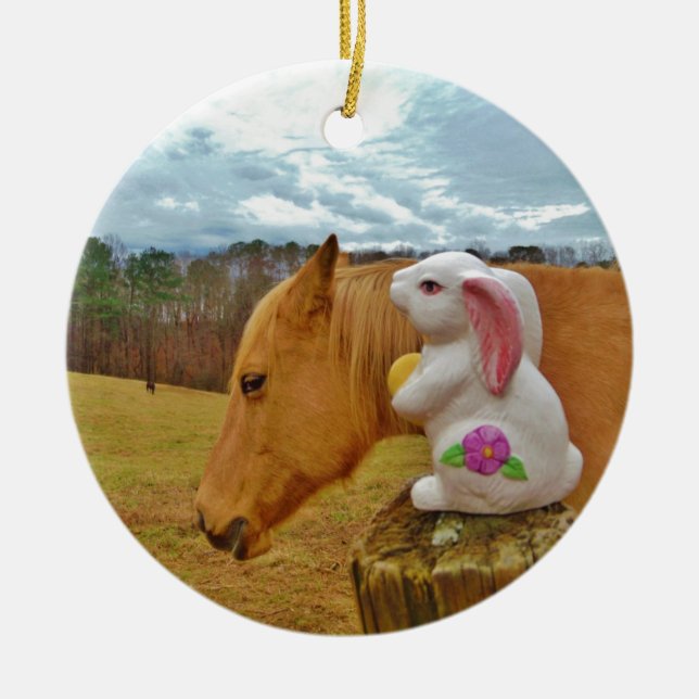 Yellow Horse, Spring Rabbit Ceramic Ornament (Front)
