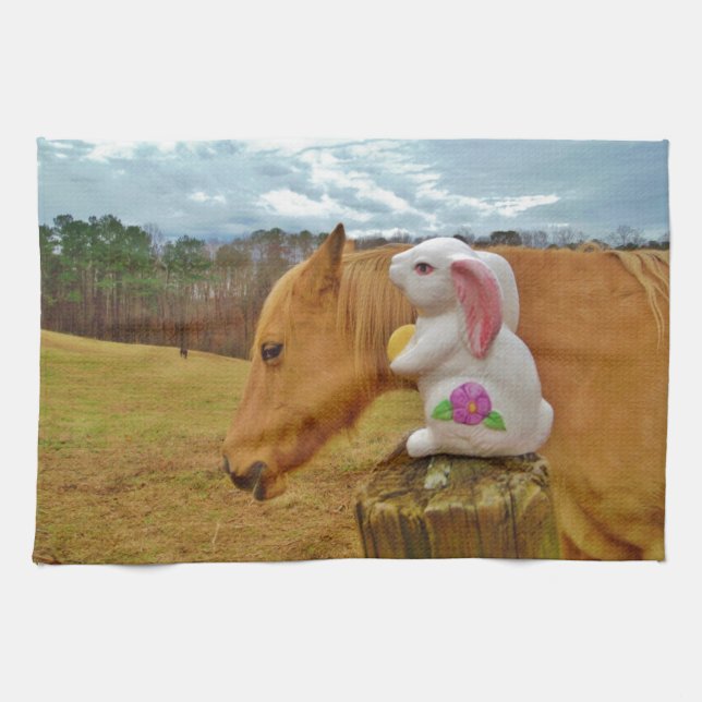 Yellow Horse, Spring Rabbit Kitchen Towel (Horizontal)