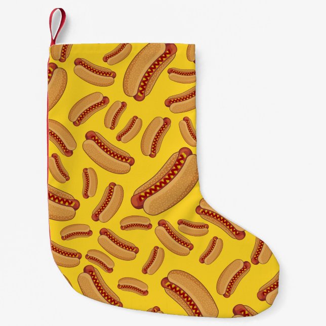 Yellow hotdogs small christmas stocking (Front)