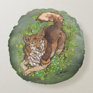 Yellow Husky Dog and Foliage Drawing Round Pillow