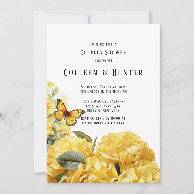 Yellow Hydrangea Butterfly Couples Shower Invitation (Front)